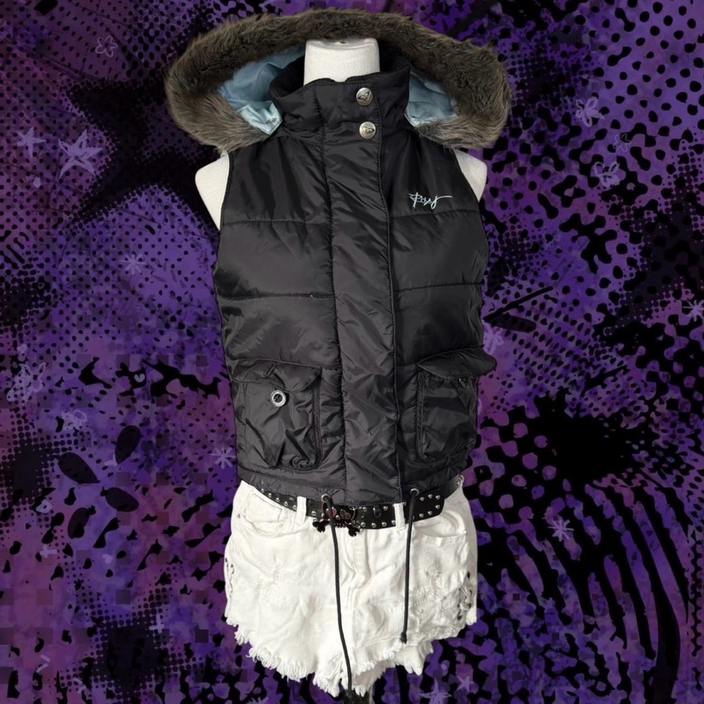 vintage y2k roxy fur puffer vest jacket !!